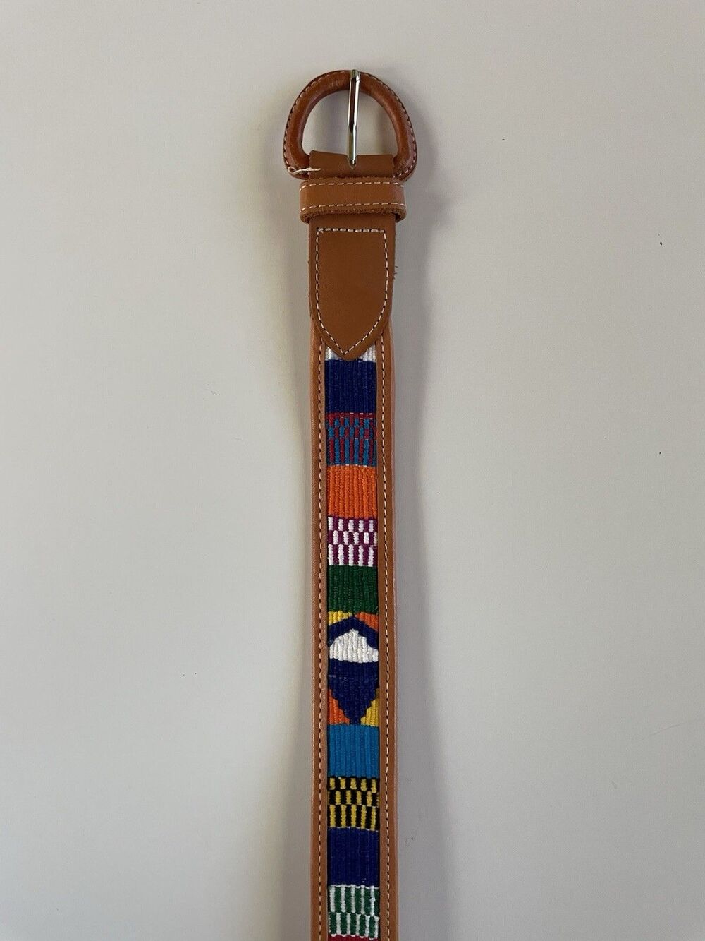 Multicolor Guatemalan Leather and Embroidered Cotton Belt - Size 32